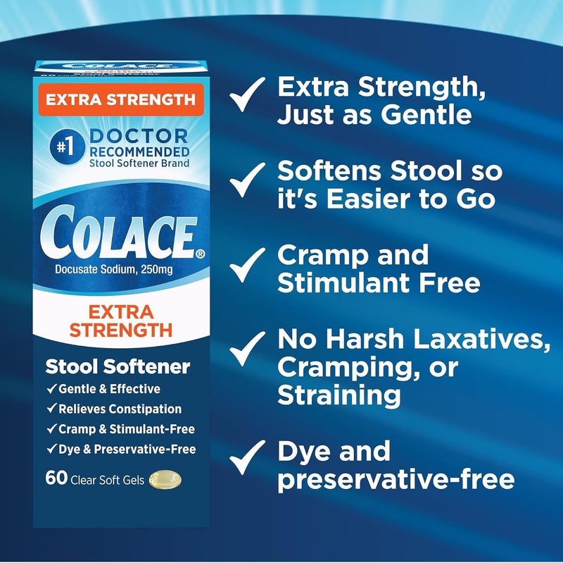COLACE Extra Strength Stool Softener for Gentle Effective Constipation Relief, #1 Doctor Recommended Stool Softener Brand, 250 mg Docusate Capsules, 60 Count (Pack of 2) - Image 5